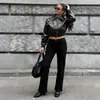 11806 Chaqueta Corta de Cuero PU Estilo Callejero Europeo y Americano para Mujer, Cintura Ceñida Cropped Ajustada Solapa Cremallera Chaqueta Versátil