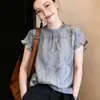 Nova Camisa Feminina de Manga Curta com Gola Redonda em Estampa de Tinta Cinza, Estilo Novo de Verão, Blusa Solta e Respirável de Linho