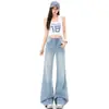 Foto real de los nuevos jeans de pierna ancha azul claro para primavera y otoño para mujer, 2026 de cintura alta, adelgazantes, fluidos, holgados, de pierna recta, pantalones de largo hasta el suelo