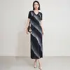Falda Plisada Estilo Miyake, Elegante Ropa de Fiesta para Mujer, Vestido Largo Artístico de Sarga con Flecos, Cuello en V, Manga Corta, Estilo Vacacional