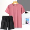 Conjunto de seda gelada de verão feminino esportivo secagem rápida respirável gola redonda conjunto curto corrida montanhismo absorção de suor manga curta shorts podem ser dois abertos