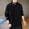Moletom masculino com gola alta e forro de fleece, camada base espessa, camiseta de manga longa, estilo outono e inverno