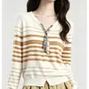 Nuevo cárdigan de punto casual estilo coreano para mujer, otoño temprano 2026, cuello en V a rayas, corte ajustado con bufanda de seda, abrigo suéter de manga larga