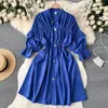 Vestido de Muñeca Suelto de Color Sólido con Diseño Dulce de Nicho, Mangas Abullonadas Plisadas de Hongo, Longitud Media para Primavera y Verano