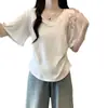 Camiseta de Manga Acampanada con Cuello en V para Mujer, Nuevo Diseño Verano 2026, Nicho, Cintura Entallada, Dobladillo Curvo, Top de Manga Corta