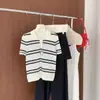 Nueva colección de punto para mujer primavera y verano, cuello polo de algodón puro, chaqueta camiseta de manga corta a rayas de bloques de color, venta al por mayor transfronteriza