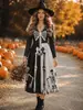 LN2006 Disfraz de Halloween transfronterizo europeo y americano para mujer con estampado de calavera, vestido largo de manga larga con cuello en V, atuendo de cosplay