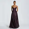 Vestido longo casual de manga comprida, justo, de seda, sem costas, linha A, em amarelo e roxo, para mulheres europeias e americanas