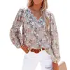 Nova Roupa Feminina Europeia e Americana Outono/Inverno Blusa de Chiffon com Decote V Manga Lanterna Feminina Camisa de Chiffon Floral com Estampa de Sangue