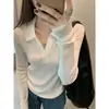 ¡RUNXI! ¡Seda de morera y lana! Camiseta base de punto de manga larga con cuello polo, suéter elegante para mujer 3956