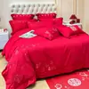 2026 Nuevo Juego de Cama Rojo para Boda de Cuatro Piezas Funda de Edredón Festiva para Boda Sábana Bajera Ropa de Cama para Celebración de Recién Casados Faldón de Cama