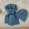 Bufanda gorro de punto de mezcla de lana estilo coreano perezoso para mujer, juego de color sólido versátil suave pegajoso engrosado cálido para el cuello
