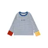 Camiseta Base de Manga Larga con Cuello Redondo y Bloques de Color Rayados para Niños Wulibuyi 2026 Nuevo Estilo Coreano Primavera y Otoño Camiseta Infantil Moderna