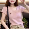 Blusa de Tricô Redonda com Manga Curta, Estilo Francês, Fresca e Elegante, Única e Linda para Mulheres, Nova T-shirt de Verão com Manga Curta e Ombro Normal