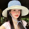 Sombrero de Pescador de Ala Ancha con Lazos a Cuadros de Doble Cara para Mujer, Sombrero de Sol para Exteriores de Verano, Sombrero de Sol de Alta Gama
