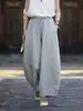 Calça Lantern Lantern Cropped Artística de Ráfia Estilo Outono Novo para Mulheres, Calça de Sarja de Linho Lavada à Areia de Perna Larga com Cordão, Calça Reta Solta