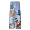 69818 Vaqueros de Pierna Ancha Sueltos para Hombre Estilo Retro Americano Unisex Lavados con Estampado de Dibujos Animados 3D High Street