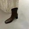 Botines tobilleros de cuero suave color café con punta redonda para mujer, tacones altos, tacones gruesos, cierre de cremallera en la espalda, nuevos de invierno 2025, estilo coreano, elásticos, ajustados
