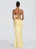 Vestido longo de um ombro só, ombro a ombro, gola halter para mulheres com design de cintura vazada, alças para amarrar, plissado, vestido longo justo