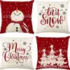 Funda de almohada popular de lino para Amazon, cuatro piezas, temática navideña, Papá Noel, alce, caramelo, árbol de Navidad
