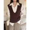 Azul BluesGe Ming Outono Novo Roupa Feminina Top Gola V Sem Mangas Tricô Colete Top Feminino AN659