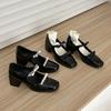 Sapatos Mary Jane pretos bico quadrado salto grosso couro de ovelha patente laço doce novo temperamento boca baixa sapatos femininos