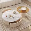 Mesa de Centro de Ardósia Cor Creme Estilo Francês Luxo Leve para Sala de Estar, Mesa de Centro Minimalista de Vidro para Apartamento Pequeno, Conjunto Combinado Redondo