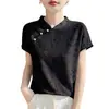 Nueva Camiseta Suelta de Punto con Cuello Alto de Seda Estilo Chino, Manga Corta, Jacquard Pesado para Mujer