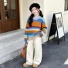 Suéter Listrado Arco-Íris Dopamina Estilo Coreano para Meninas, Tricô Soltinho, Novo Estilo Outono/Inverno, Color Block, Preguiçoso, Top Versátil