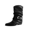 Botines Europeos y Americanos Otoño e Invierno 2025 Versátiles Retro Tacón Grueso Puntiagudos Hebilla de Cinturón de Cuero Moda Botas Western Remaches Plisados Botines Cortos