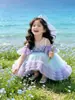 Vestido de princesa floral colorido de comercio exterior al por mayor para niñas pequeñas, vestido de cumpleaños sin hombros, atuendo para actuación de baile, en stock