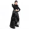 Disfraces de Jazz para Niñas de Otoño Atuendos de Performance Geniales y Modernos Estilo Motociclista Negro Conjunto Oscuro con Cadena Ropa de Performance Infantil