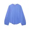 Moda Casual Feminina Estilo Europeu e Americano Design de Gola com Zíper Manga Longa Lanterna Moda Retrô Camisa Top de Cor Sólida