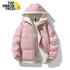 Chaqueta Puffer Holgada Cómoda con Capucha de Venta Caliente para Hombre, Invierno Color Sólido Estampado Mangas Caídas, Abrigo de Algodón Cálido, Estilo Pareja