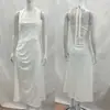 Vestido midi ajustado de verano elegante estilo francés con cuello halter, cinturón de corbata, fruncido, moda elegante para mujer 2026, color liso