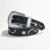 Cinto Feminino Estilo Europeu e Americano com Contas Bordadas em Prata, Tachas de Estrela de Cinco Pontas, Lantejoulas, Incrustações de Strass e Cinto de Couro Decorativo Moderno para Mulheres