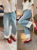 Jeans Patchwork com Renda para Mulheres Baixas, Design Primavera e Verão, Calças de Cintura Alta Reta Plus Size, Calças de Perna Larga para Mulheres Curvilíneas