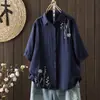 Camisa Bordada de Algodón de Doble Capa para Mujer, Primavera y Otoño 2026, Holgada, Artística, Suave, Amigable con la Piel, Transpirable, Algodón Puro, Top de Manga Tres Cuartos