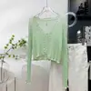 Cardigan de Tricô com Cadarço e Babados, Manga Longa, Protetor Solar para Mulheres, Peça Externa Fina de Verão para Combinar com Saias, Top Curto para Cobrir do Ar Condicionado