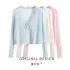 Chaqueta de punto cárdigan para mujer, prenda exterior fina de verano con cinturón, cubreabrigos de manga larga para aire acondicionado, chaleco corto protector solar