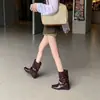 5CM Hidden Heel Retro Square Toe Ankle Boots Women's 2026 Autumn New Style Double Leather Buckle Wrinkled Piled-up Mid-Calf Boots
