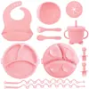 Alimento Complementario Infantil Transfronterizo Vajilla de Silicona Cordón Plato para Cenar Babero Bebé Tazón Complementario Ventosa Tenedor Cuchara Bebé Aprende a Comer