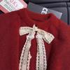 Chaqueta Suéter de Encaje con Cordones y Lazo, Cuello Redondo para Mujer en Otoño e Invierno, Holgado, Corazón, Botón Dorado, Cárdigan de Punto