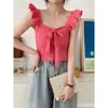 Chaleco de Punto de Color Sólido con Puntadas para Mujer Verano Todo Fósforo Ruffled Top de Temporada Tirante Corto Acelerador de Ritmo con Lazo