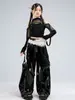 Ropa de Jazz para Niñas, que Muestra el Abdomen, Hombros Descubiertos, Pantalones de Malla de Cuero Conjunto de Ropa de Baile, Atuendo de Baile Callejero de Jazz para Niñas