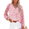 Nova Roupa Feminina Europeia e Americana Outono/Inverno Blusa de Chiffon com Decote V Manga Lanterna Feminina Camisa de Chiffon Floral com Estampa de Sangue