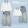 Conjunto Estilo Universitario para Niñas: Nuevo Conjunto de Dos Piezas Coreano para Primavera/Otoño con Top de Manga Larga de Cuello Polo y Jeans con Dibujos