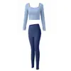 Conjunto de Yoga Slim Fit para Mulheres, Gola Quadrada, Cropped de Manga Longa, Calça Skinny de Cintura Alta, Sensação de Pele Nu, Próximo à Pele, Para Usar por Cima e Fitness, Conjunto de Duas Peças