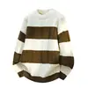 Suéter de Punto Trenzado Rayado Blanco y Negro de Cuello Redondo Nuevo Otoño Invierno para Hombre, Holgado, Engrosado, Suéter de Punto para Pareja