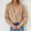 2024 Europeu e americano outono e inverno comércio exterior novo suéter feminino cardigan cor sólida decote em v manga lanterna botão malha cardigan